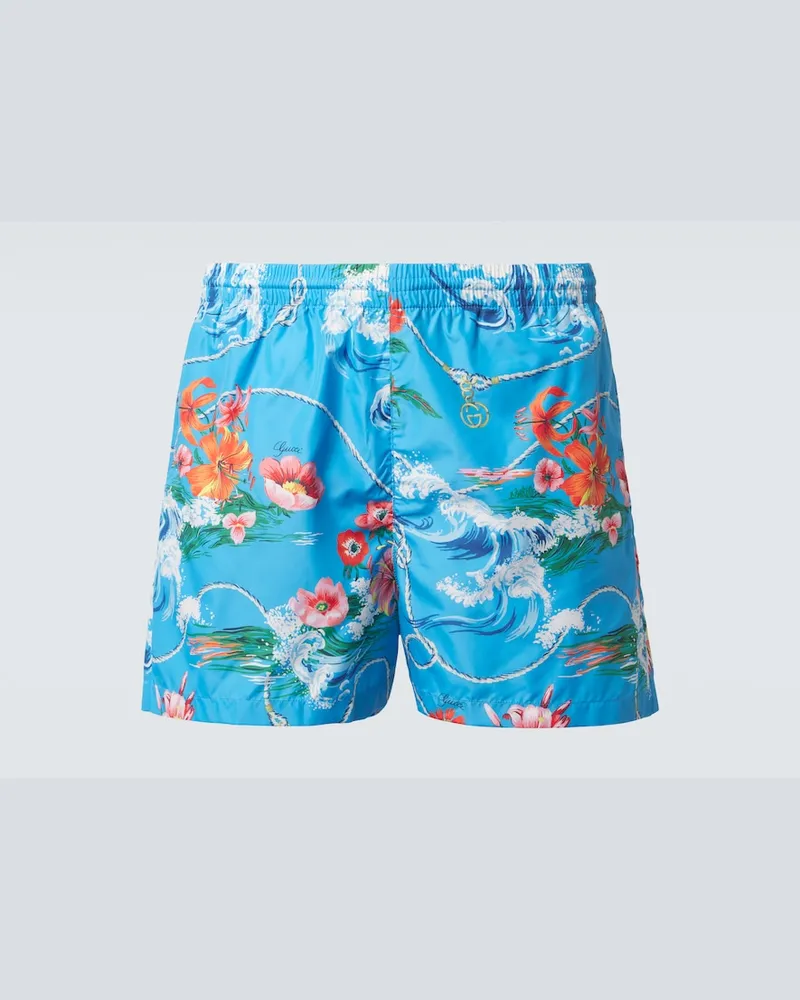 Gucci Bedruckte Badeshorts aus Popeline Blau