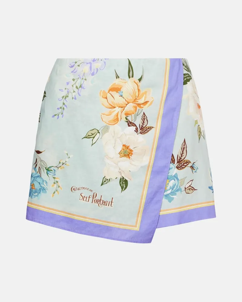 Self-Portrait Bedruckte Shorts aus Leinen und Baumwolle Blau