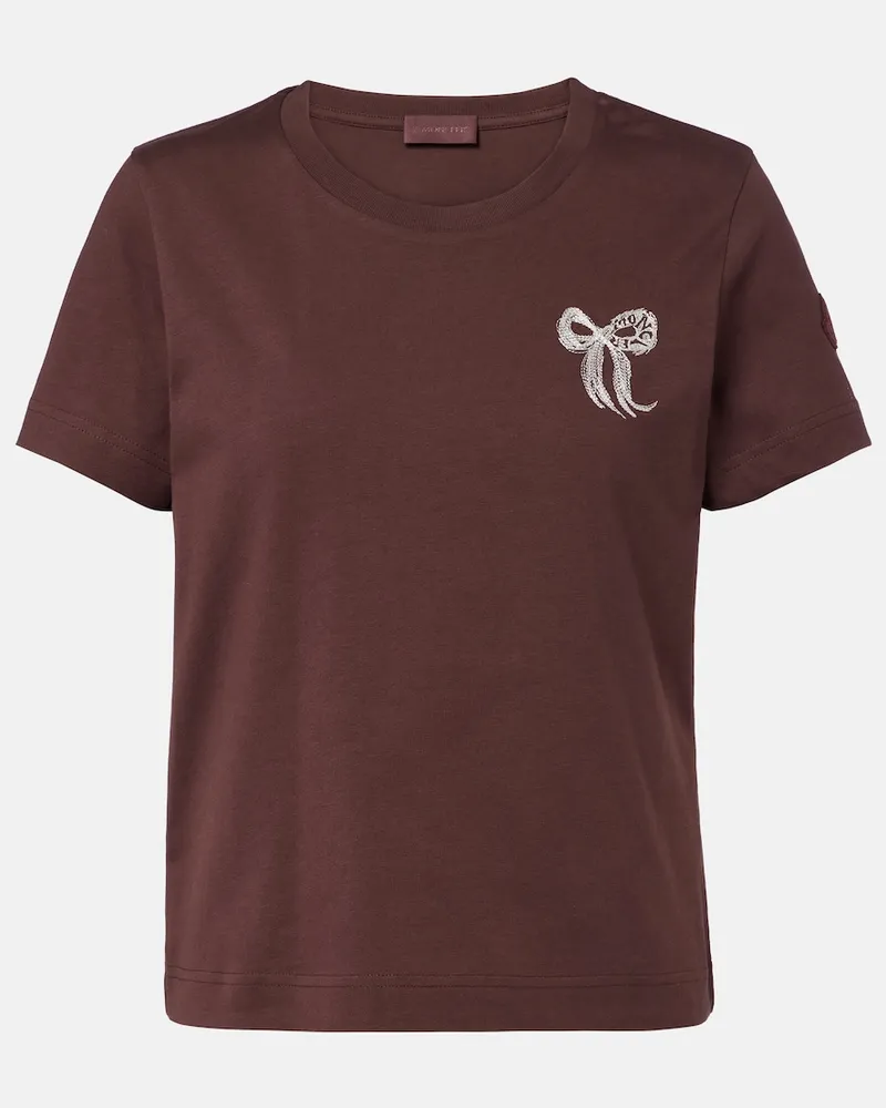 Moncler Besticktes T-Shirt aus Baumwoll-Jersey Braun
