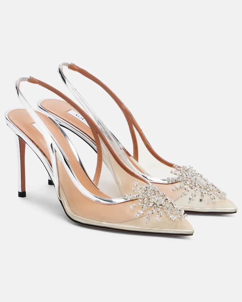 Aquazzura Slingback-Pumps Crystal Firework 85 mit Leder Silber
