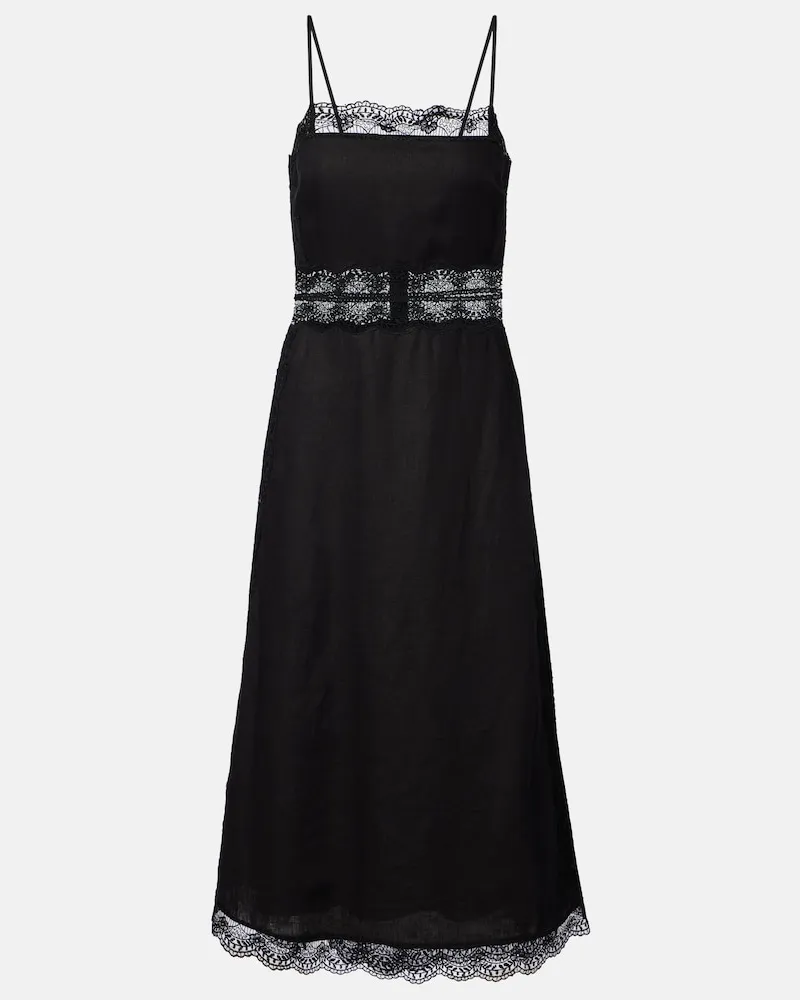 STAUD Midikleid Amalina aus Leinen mit Spitze Schwarz