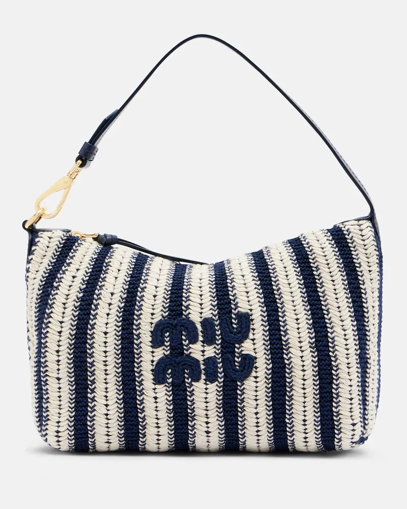 Miu Miu Gehäkelte Schultertasche mit Lederbesatz Blau