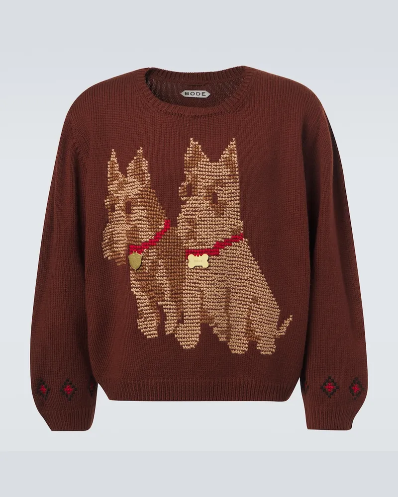 BODE Bestickter Pullover Scottie aus Wolle Braun