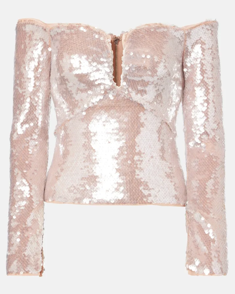 Self-Portrait Off-Shoulder-Top mit Pailletten Beige