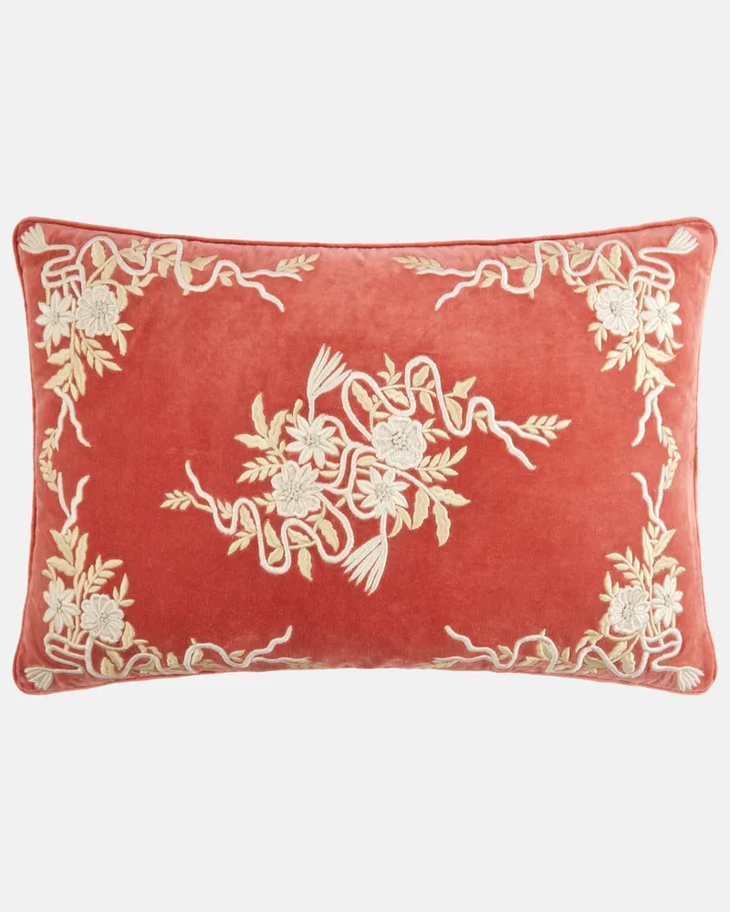 Les-Ottomans Besticktes Kissen aus Baumwollsamt Rot