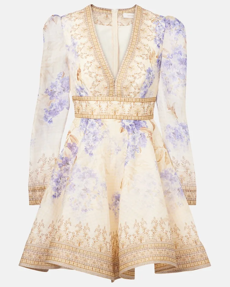 Zimmermann Bedrucktes Minikleid Dawning Plunge Beige