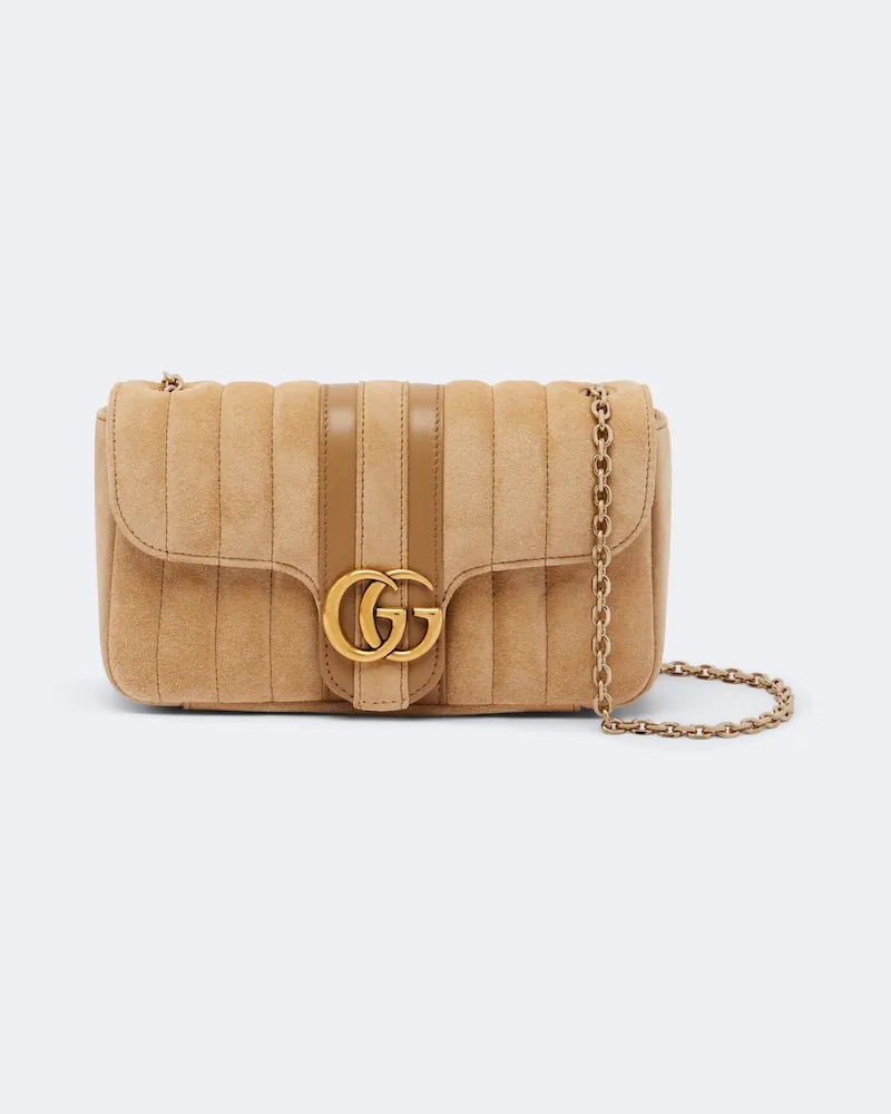 Gucci Schultertasche GG Marmont Mini aus Veloursleder Beige