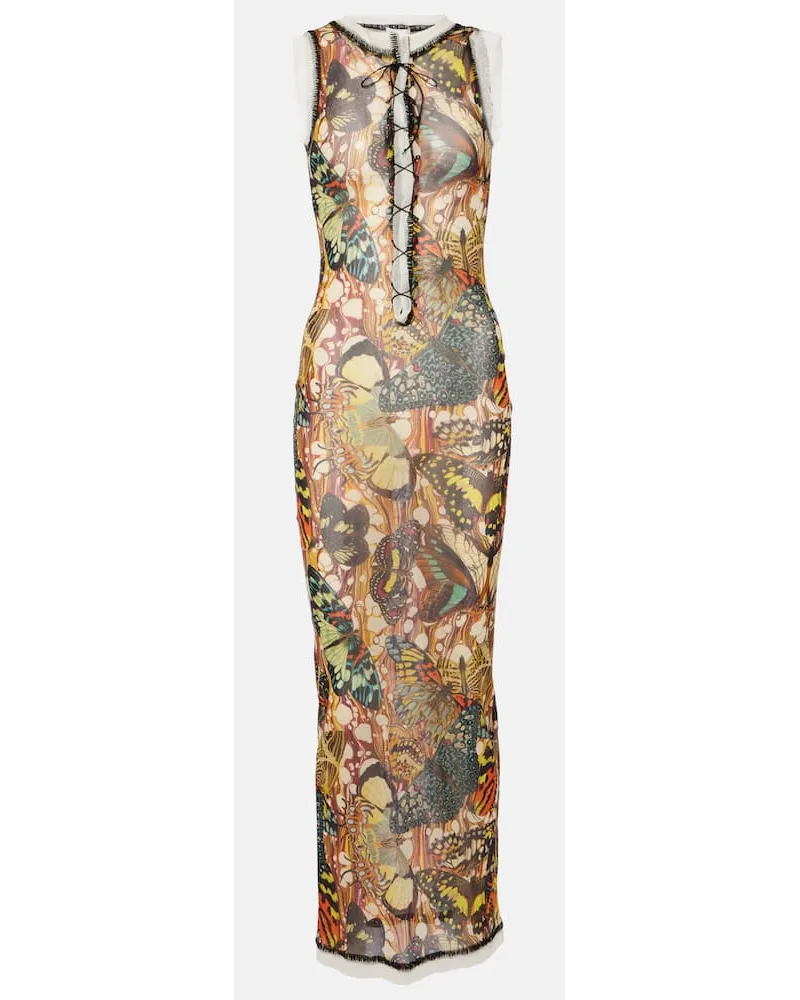 Jean Paul Gaultier Bedrucktes Maxikleid aus Mesh mit Spitze Multicolor