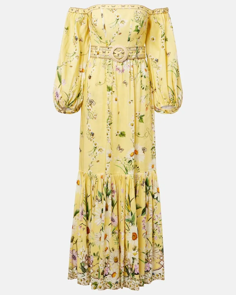Camilla Off-Shoulder-Maxikleid Daisy Chains aus Leinen und Seide Gelb