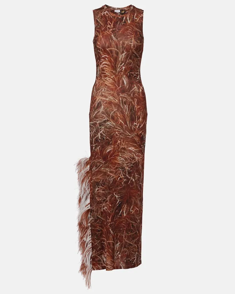 Loewe Bedrucktes Maxikleid mit Federn Braun
