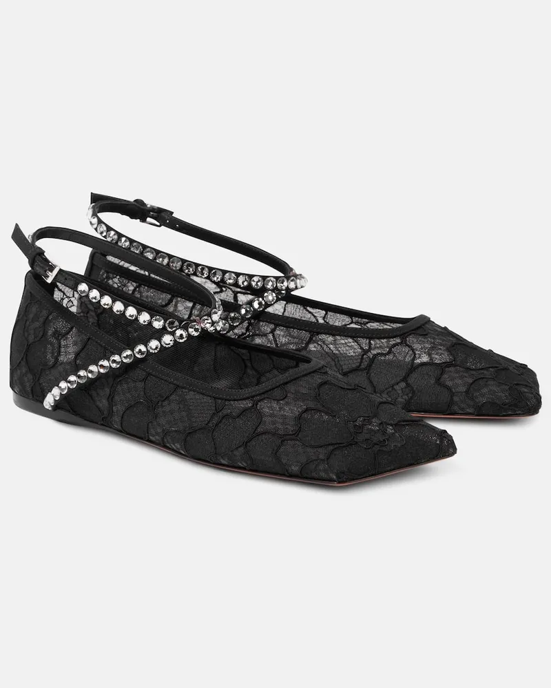 Amina Muaddi Ballerinas Ane aus Spitze mit Kristallen Schwarz