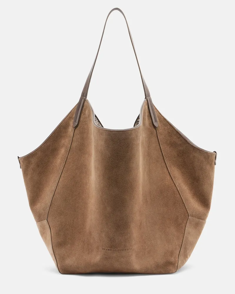 Brunello Cucinelli Wendbare Tote Bag Monili Medium aus Veloursleder Beige