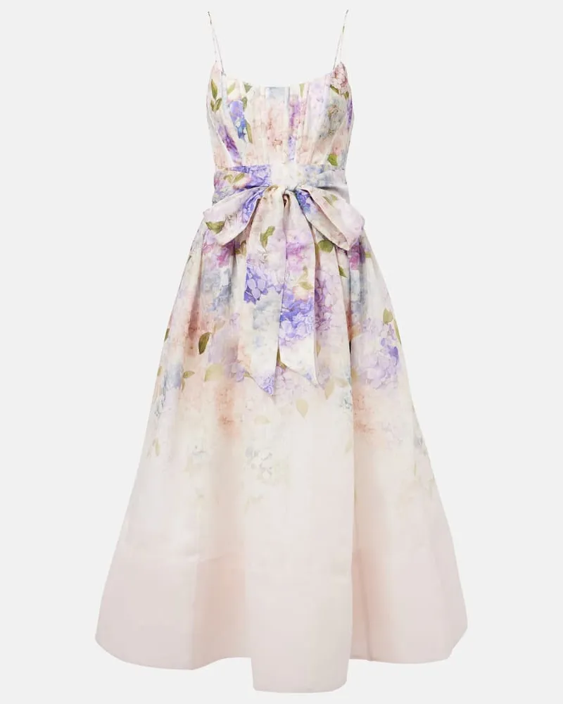Zimmermann Midikleid Dawning aus Seide und Leinen Multicolor