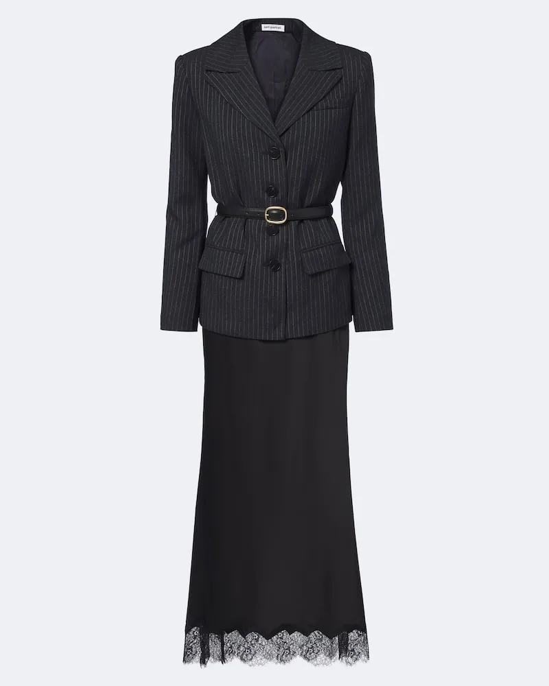 Self-Portrait Midikleid mit Satin und Spitze Grau