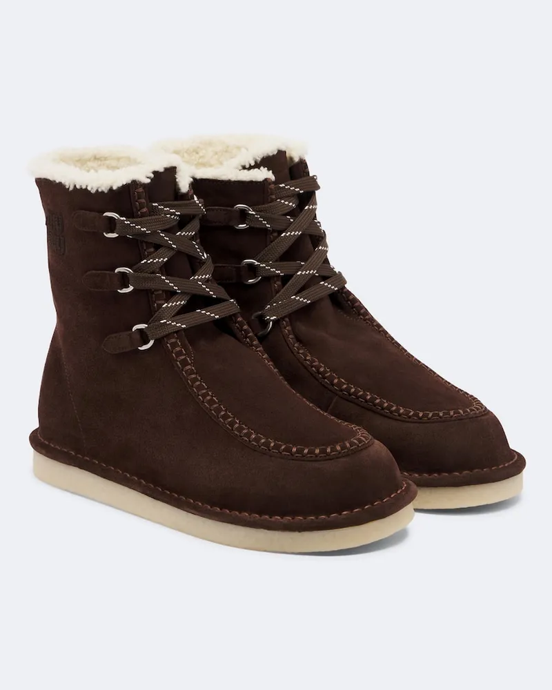 Miu Miu Schnürstiefel aus Veloursleder mit Shearling Braun