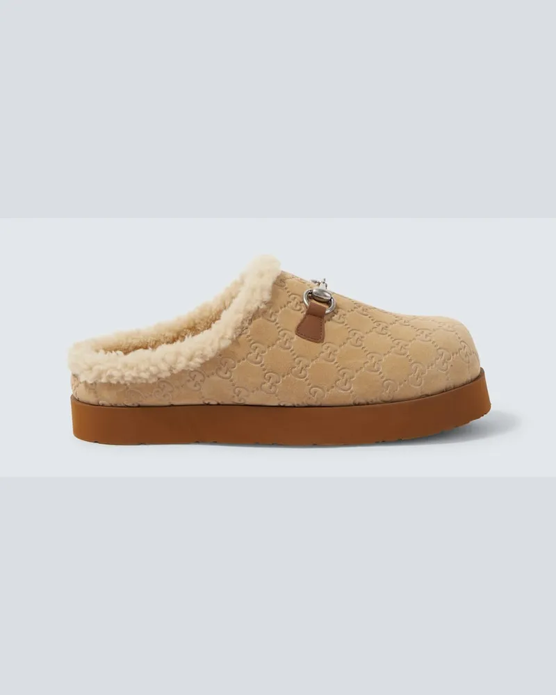 Gucci Slippers GG aus Veloursleder mit Shearling Beige