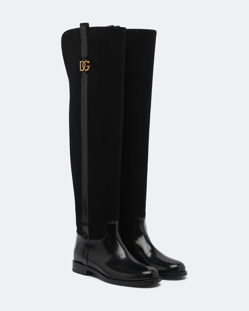 Dolce & Gabbana Overknee-Stiefel DG aus Veloursleder und Leder Schwarz