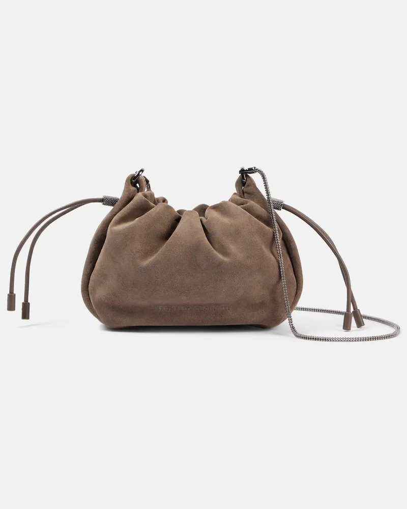 Brunello Cucinelli Schultertasche Softy Small aus Veloursleder Braun