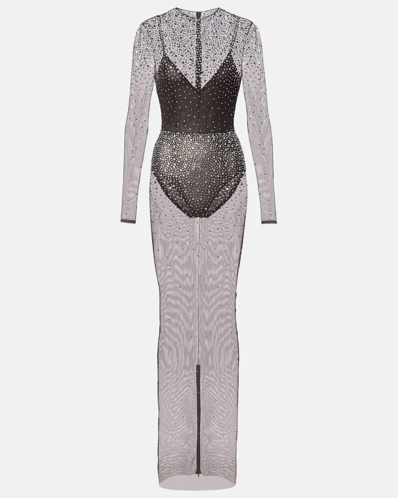 Alex Perry Maxikleid aus Mesh mit Kristallen Braun