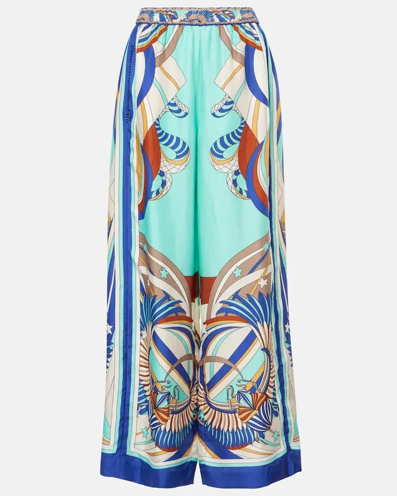 Camilla Bedruckte Palazzo-Hose aus Seidensatin Blau