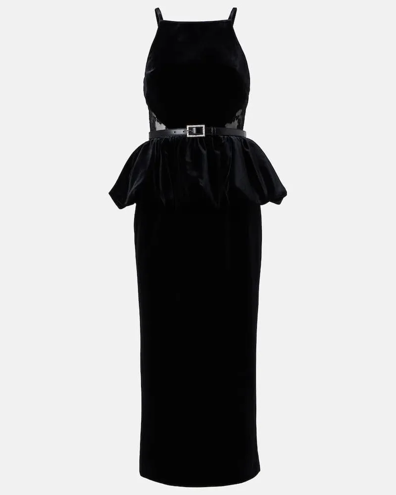 Self-Portrait Midikleid aus Samt mit Spitze Schwarz