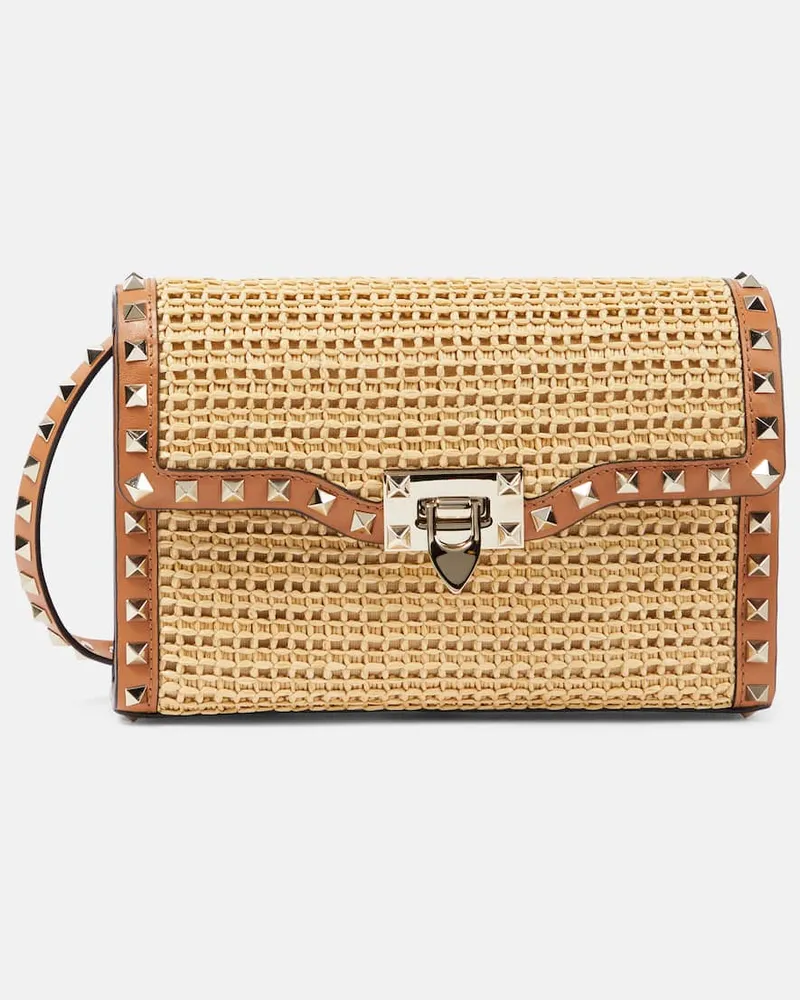 Valentino Garavani Schultertasche Rockstud Small aus Raffiabast Nude