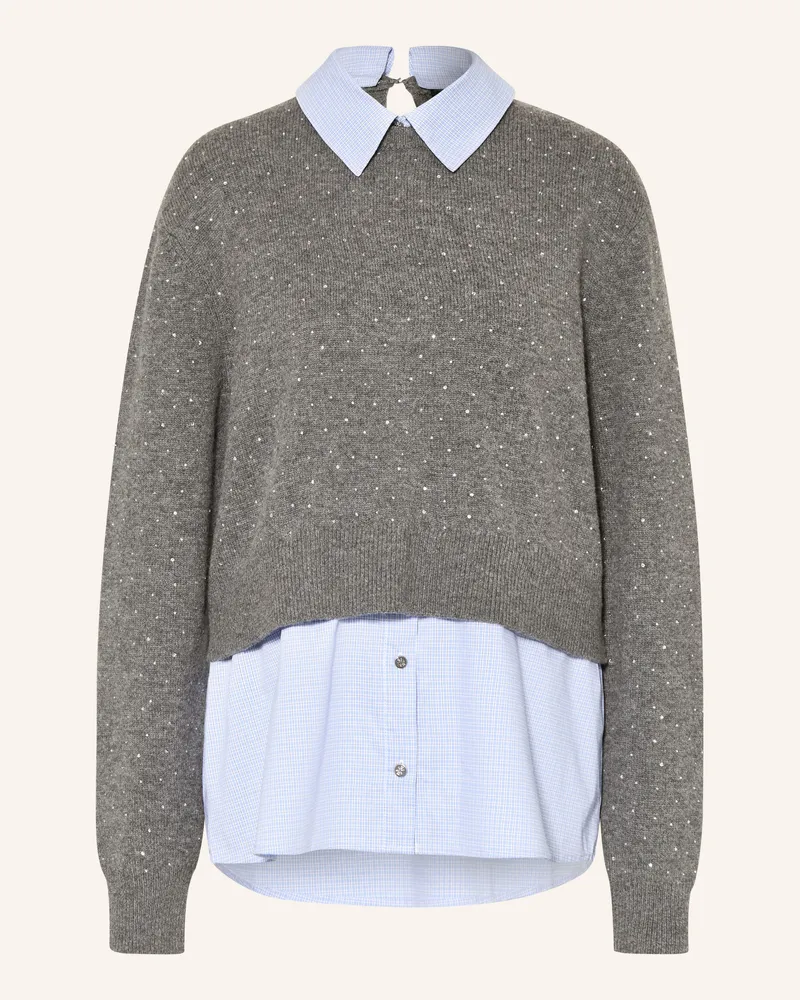 Maje Pullover Im Materialmix Mit Schmucksteinen grau Dunkelgrau