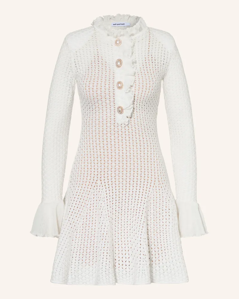 Self-Portrait Strickkleid Mit Schmucksteinen Und Rüschen weiss Weiss