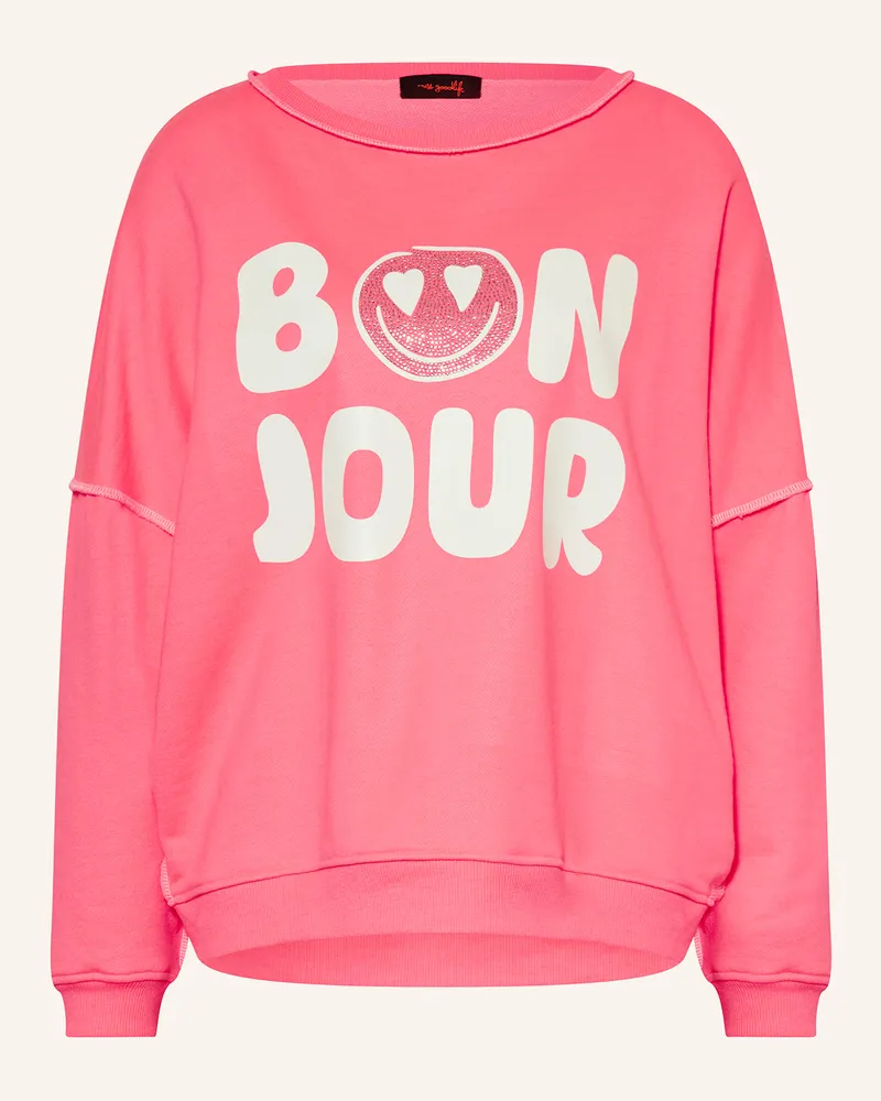 Miss Goodlife Oversized-Sweatshirt mit Schmucksteinen Neonpink