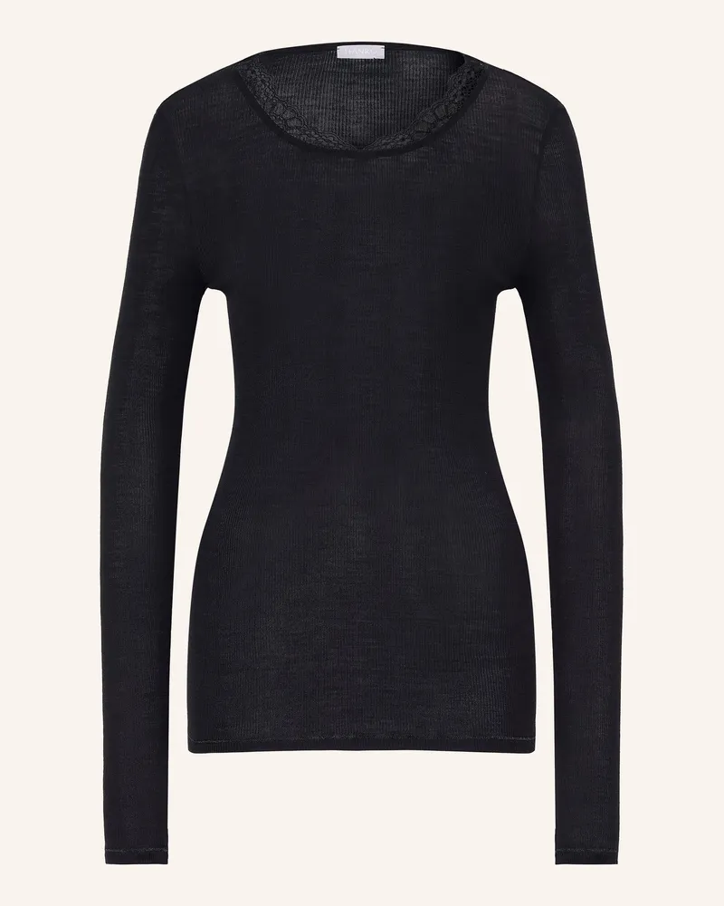 Hanro Schlafshirt Woolen Lace Mit Merinowolle Und Seide schwarz Schwarz