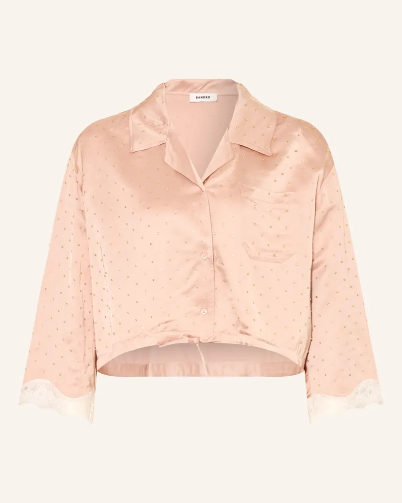 Sandro Satinbluse Mit Schmucksteinen Und Spitze beige Lachs