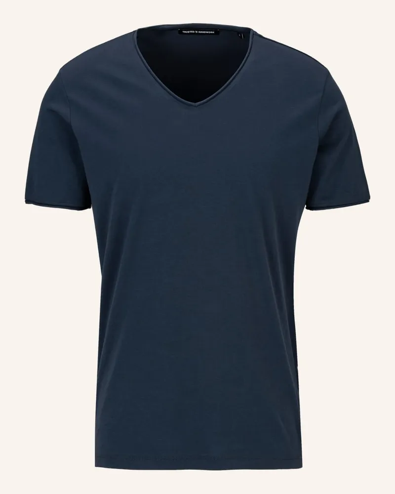 Trusted Handwork V Neck 1/2-Sleeve T-Shirt with Roll Edge Blau