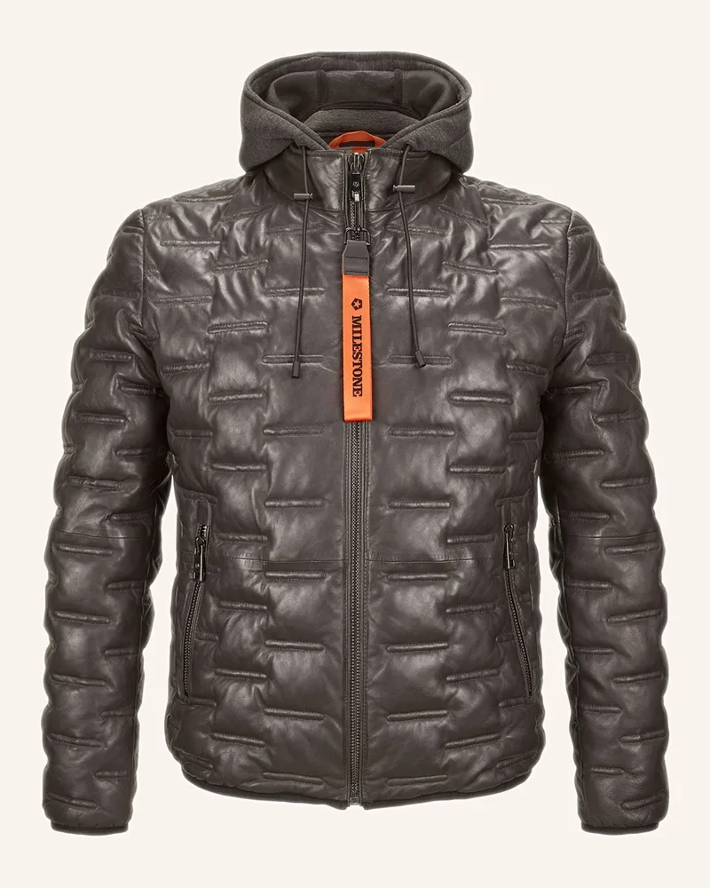 Milestone Lederjacke mit DUPONT™ SORONA®-Isolierung und abnehmbarer Kapuze Dunkelgrau