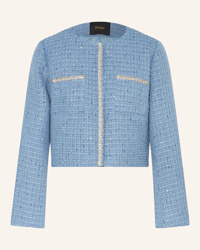 Maje Tweed-Jacke mit Schmucksteinen Hellblau