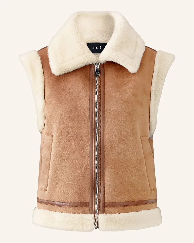 Oui  Weste in Lederoptik mit Kunstfell Camel