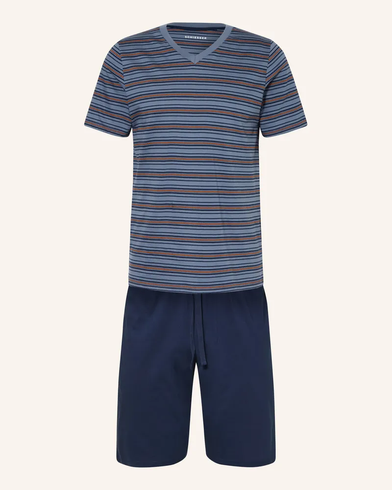 Schiesser Shorty-Schlafanzug Casual Nightwear blau Blaugrau
