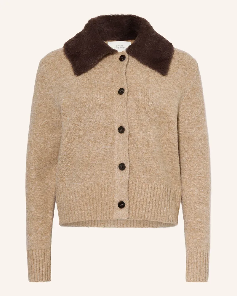 OPUS Strickjacke Dofur Mit Abnehmbarem Kunstfell-Kragen braun Camel