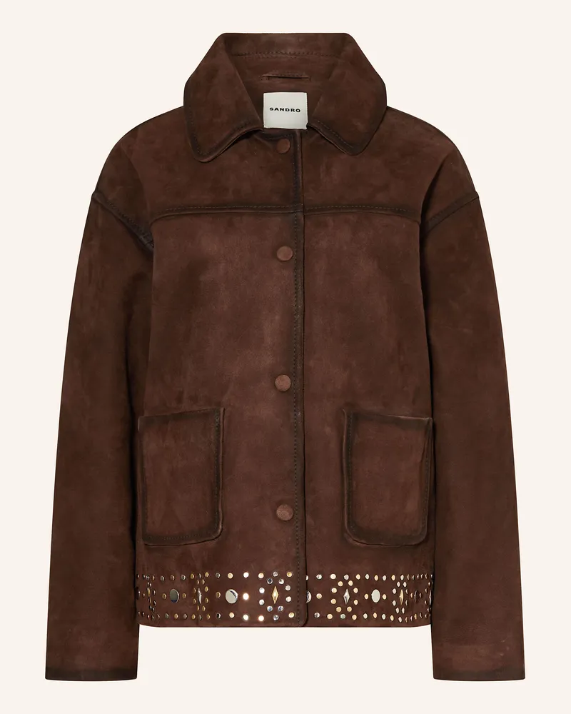 Sandro Lederjacke mit Nieten Dunkelbraun