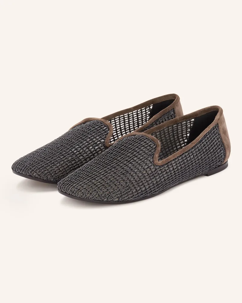 Brunello Cucinelli Slipper Mit Schmucksteinen braun Dunkelgrau
