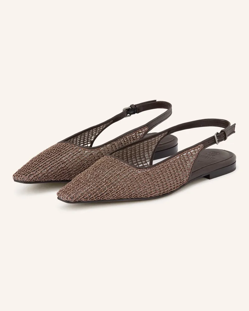 Brunello Cucinelli Slingballerinas mit Schmucksteinen Dunkelbraun