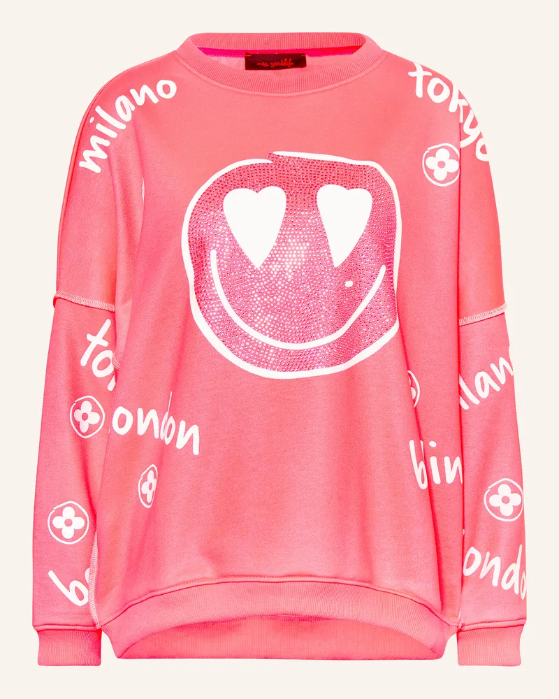 Miss Goodlife Sweatshirt mit Schmucksteinen Neonpink