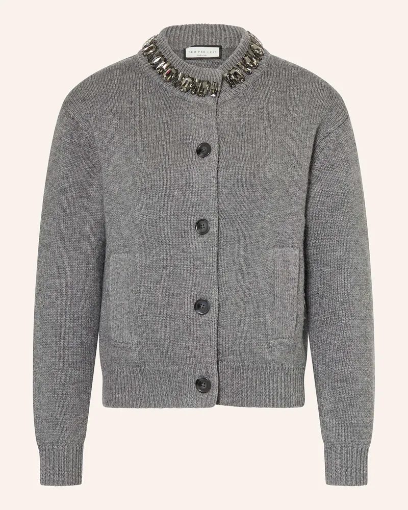 SEM PER LEI Strickjacke mit Schmucksteinen Grau
