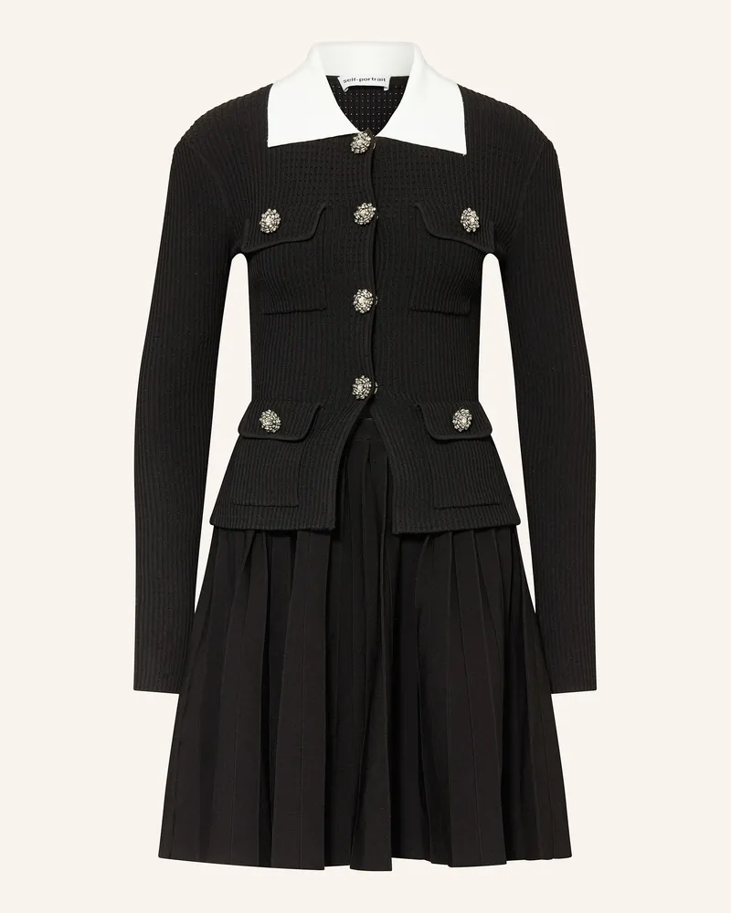Self-Portrait Strickkleid mit Schmucksteinen Schwarz