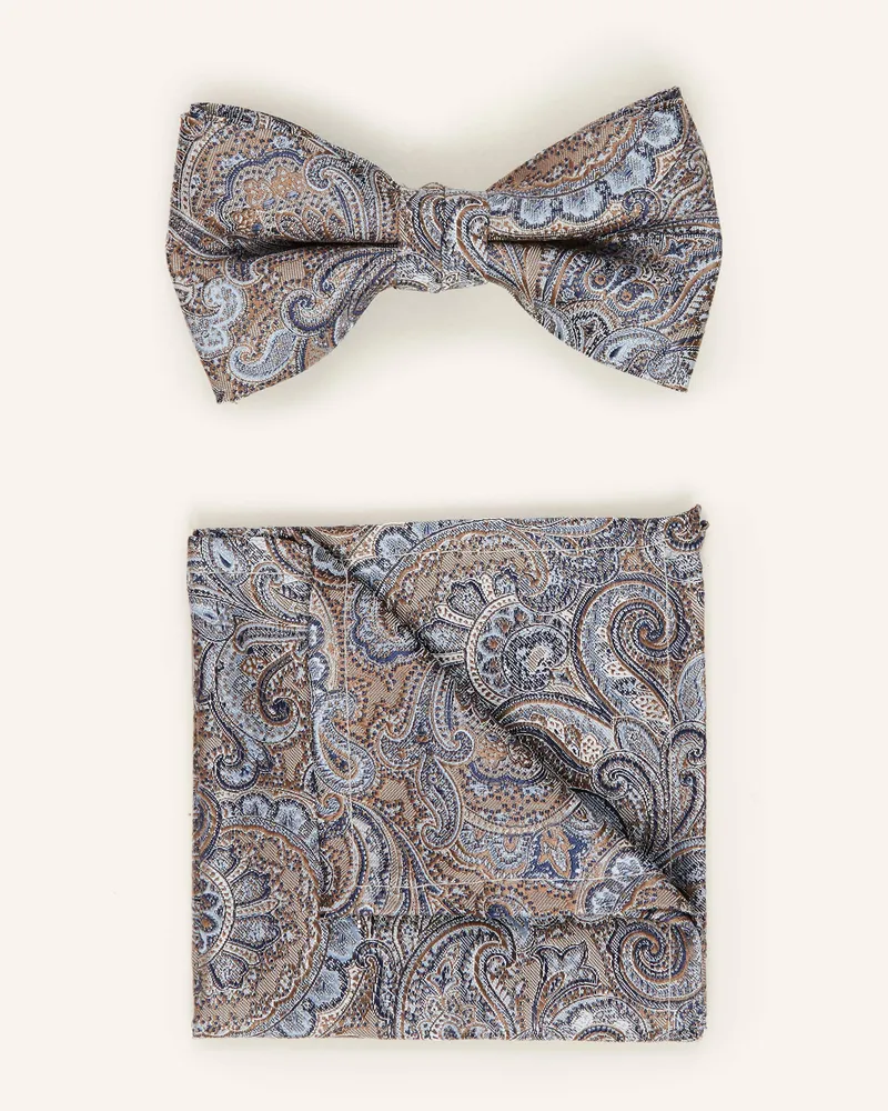 Wilvorst Set: Fliege Und Einstecktuch blau Braun