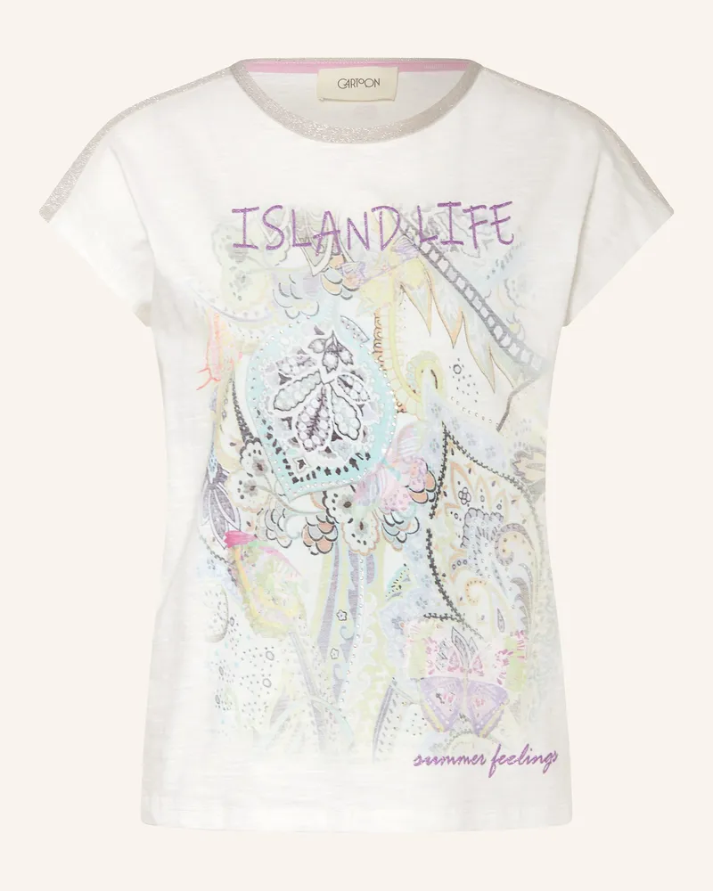 Cartoon T-Shirt mit Schmucksteinen und Glitzergarn Weiss