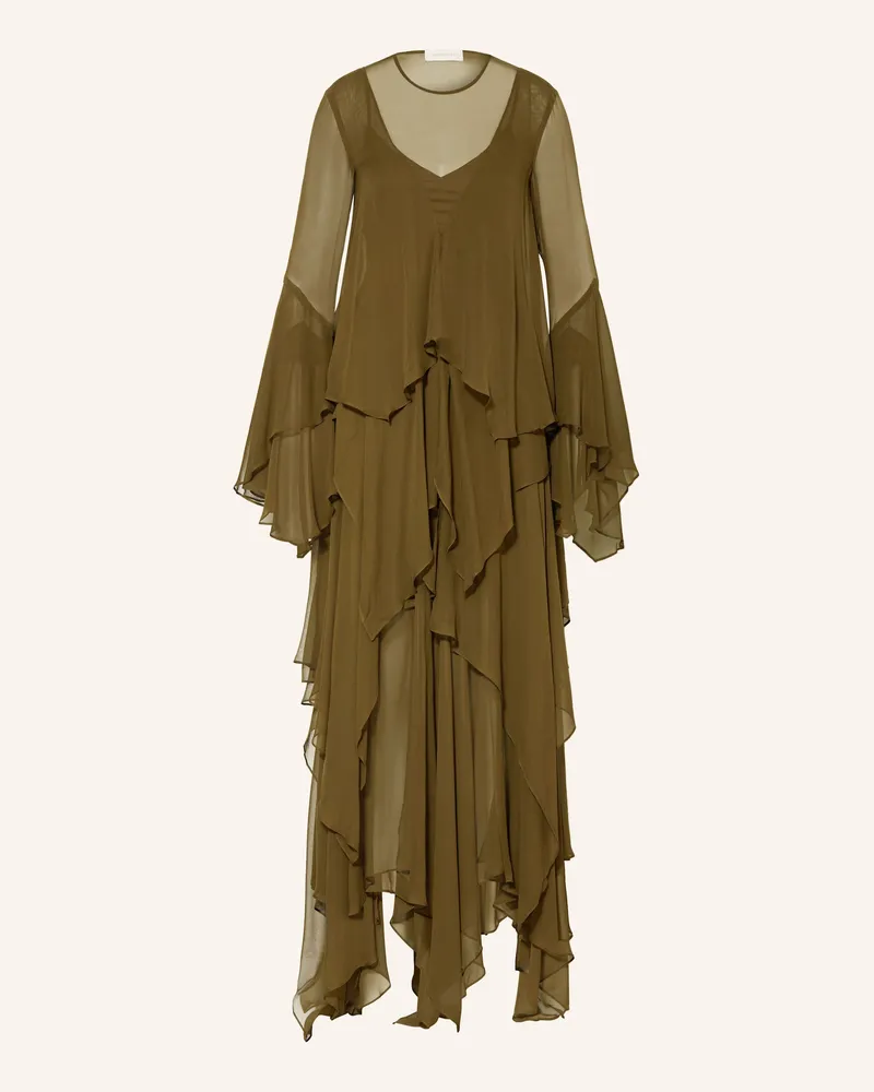 Zimmermann Seidenkleid mit Rüschen Oliv