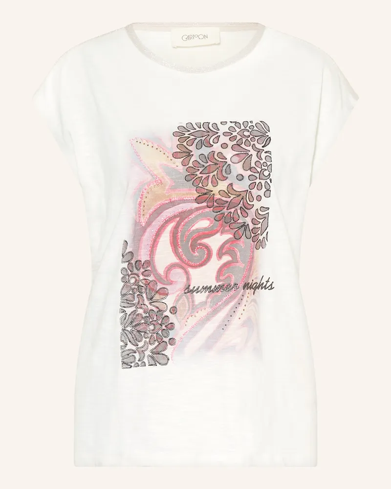 Cartoon T-Shirt mit Glitzergarn und Schmucksteinen Creme