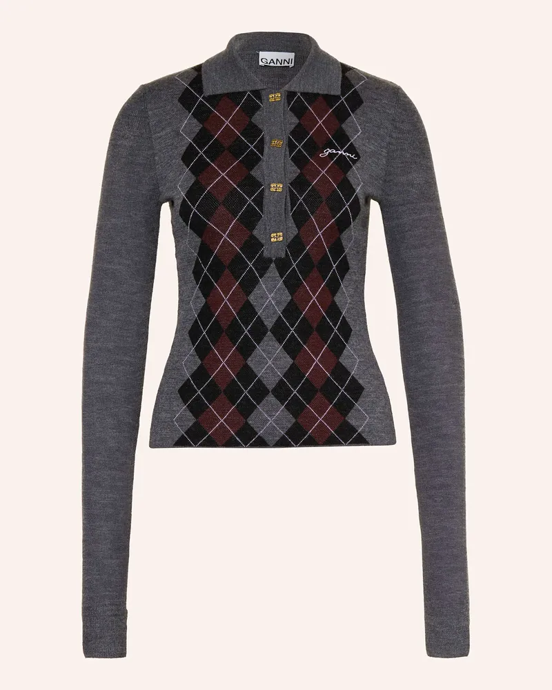Ganni Strick-Poloshirt aus Merinowolle Grau