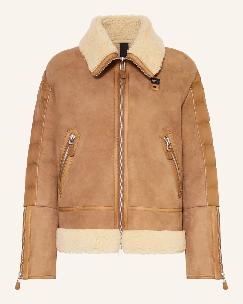 Blauer Lederjacke ALHAMBRA im Materialmix Cognac