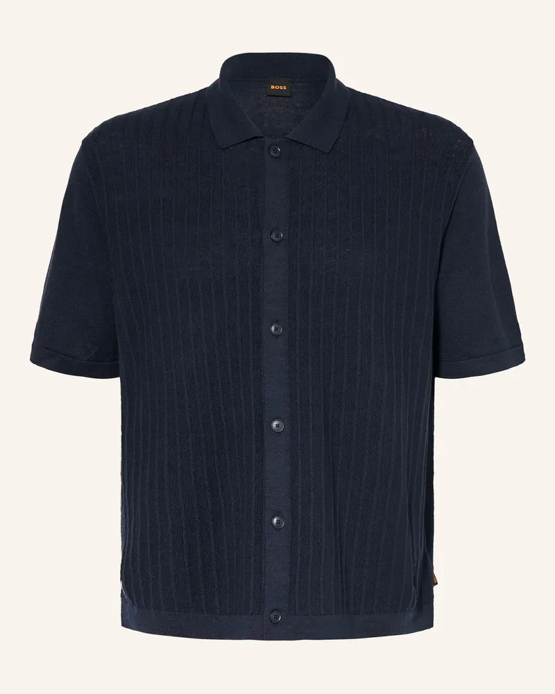 HUGO BOSS Strickhemd AMICINO Comfort Fit mit Leinen Dunkelblau